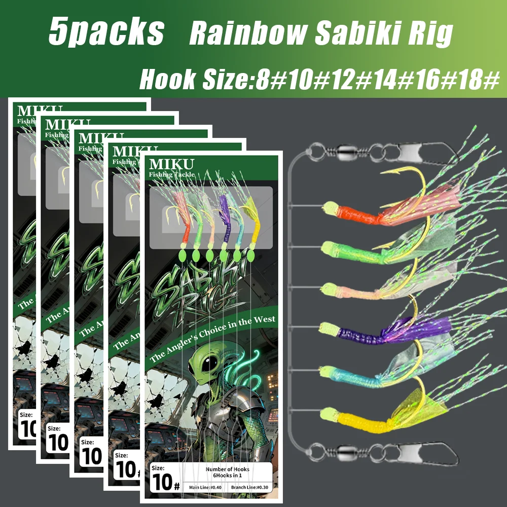 5 Packungen Rainbow Sabiki Rig 6-farbiger Fischhaken aus Kohlenstoffstahl mit leuchtenden Perlen, effizientes Zubehör zum Meeresangeln