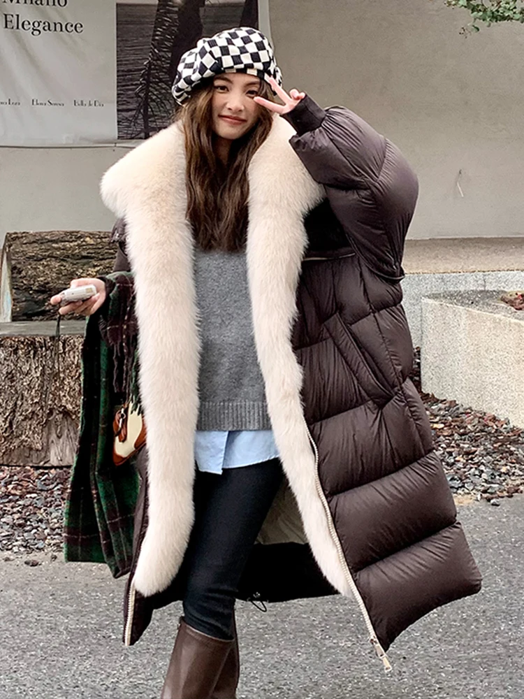 Women Puffer Jackets Natural Real Fox Fur Collar Thick Warm Long Goose Down Jackets Winter Coat Female Outwear