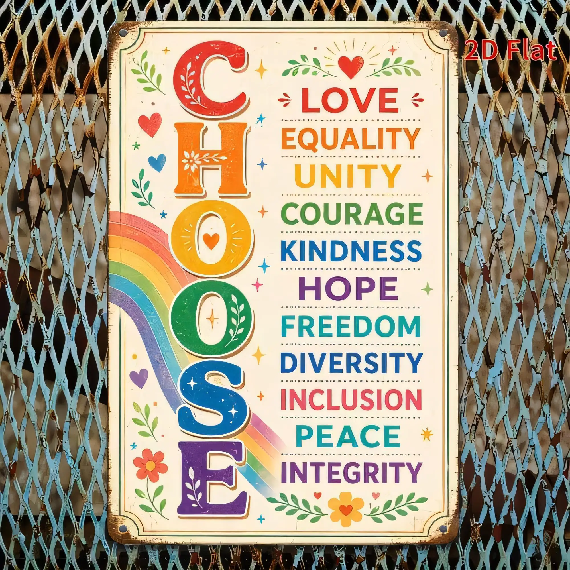 Tin Sign, I Love Equality Unity Courage Kindness Hope Freedom Diversity Inclusion Peace Integrity Metal Plaque Wall Decor,  Vint