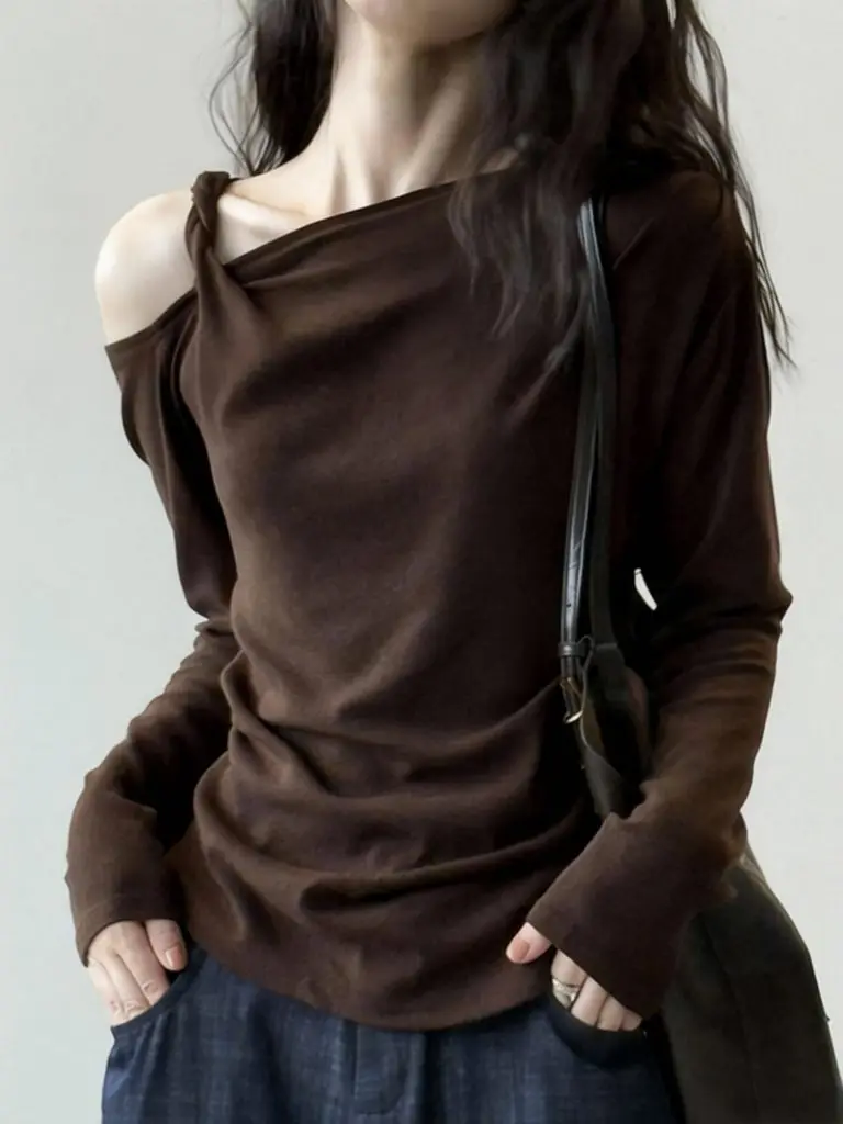 Elegant Twist Strap Off Shoulder Top Women Aesthetic Designer One Shoulder Long Sleeve T Shirt Fall Basic Tees Spring Outwear