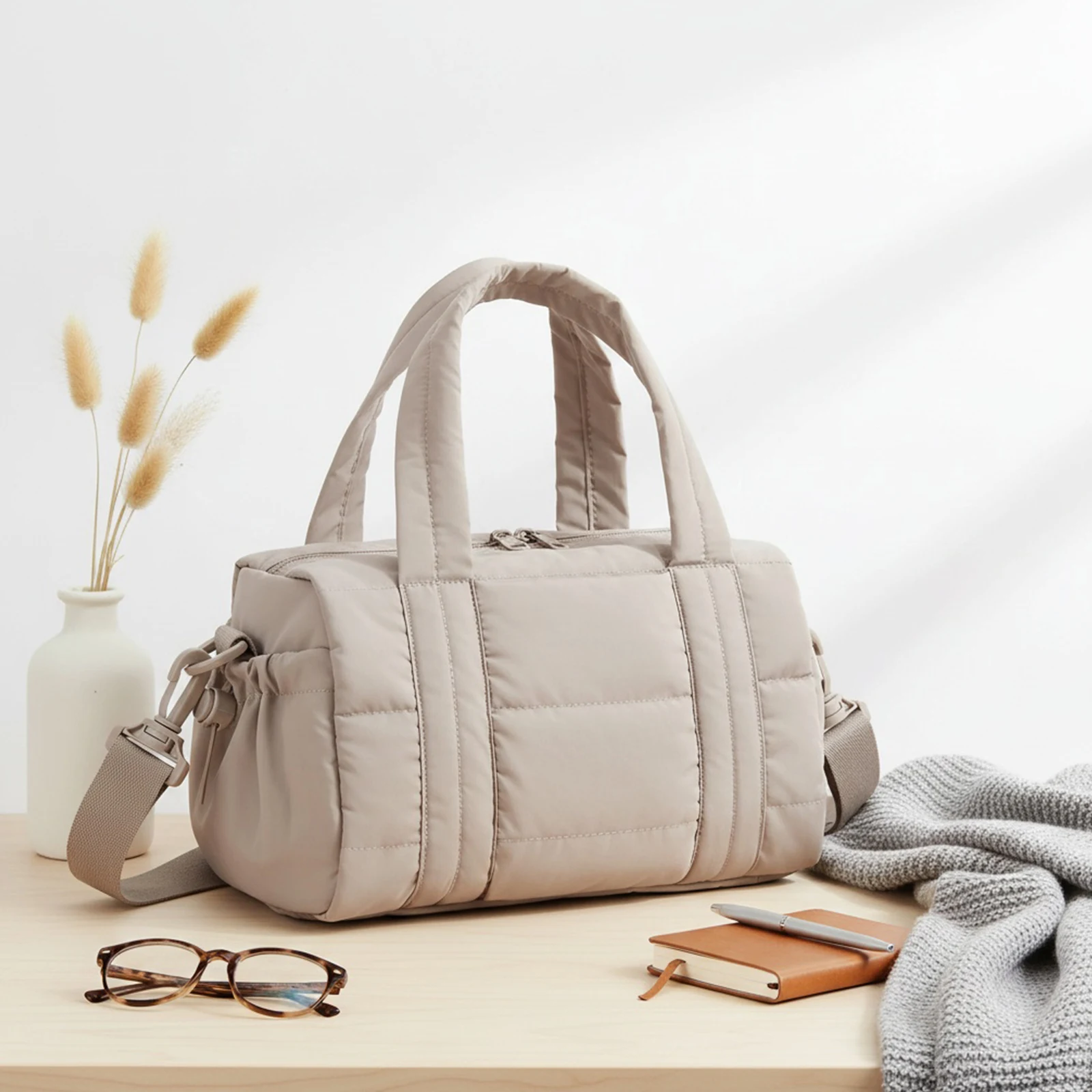 Women Nylon Quilted Gym Bag with Adjustable Strap Shoulder Bag for Workout Yoga Daily Commute