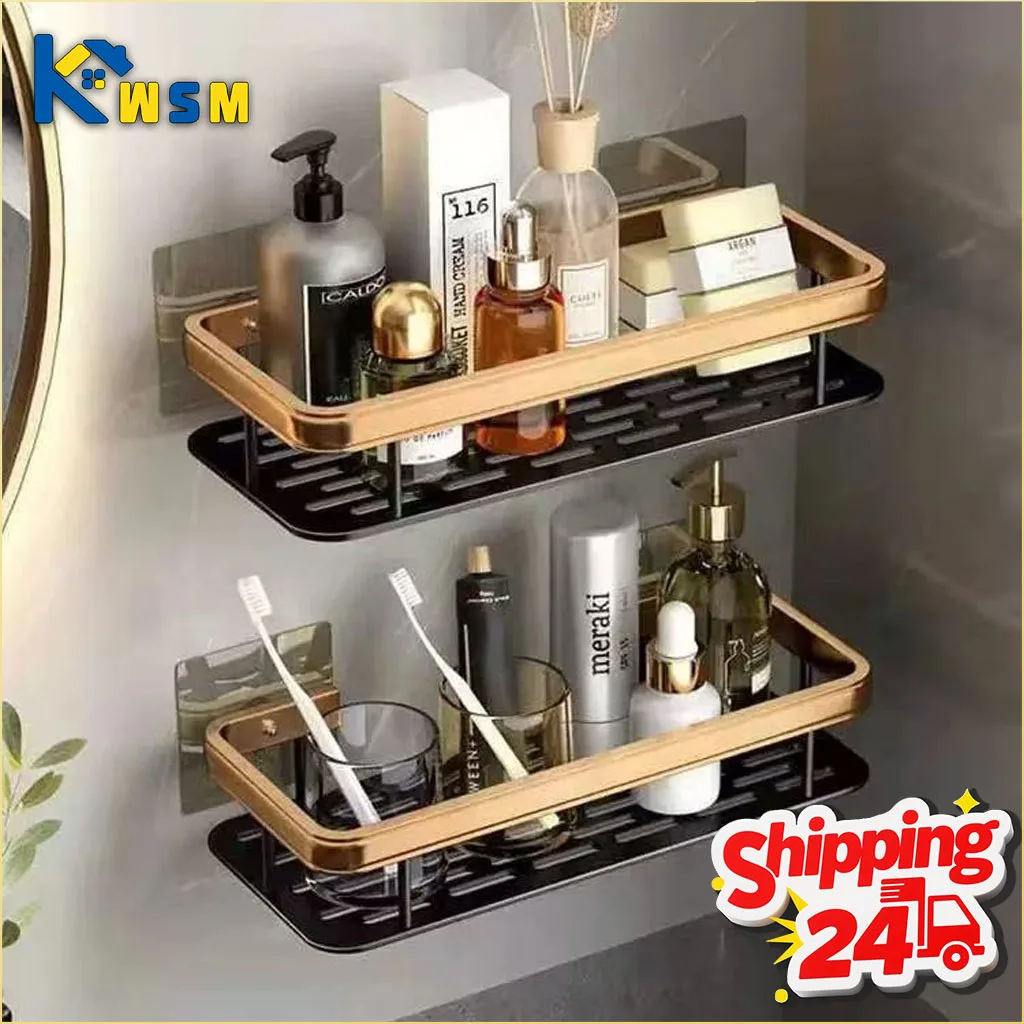 Wall-Mounted No-Drill Bathroom Storage Shelf Adhesive Organizer for Toilet Shower and Countertop Toothbrush Space-Saving