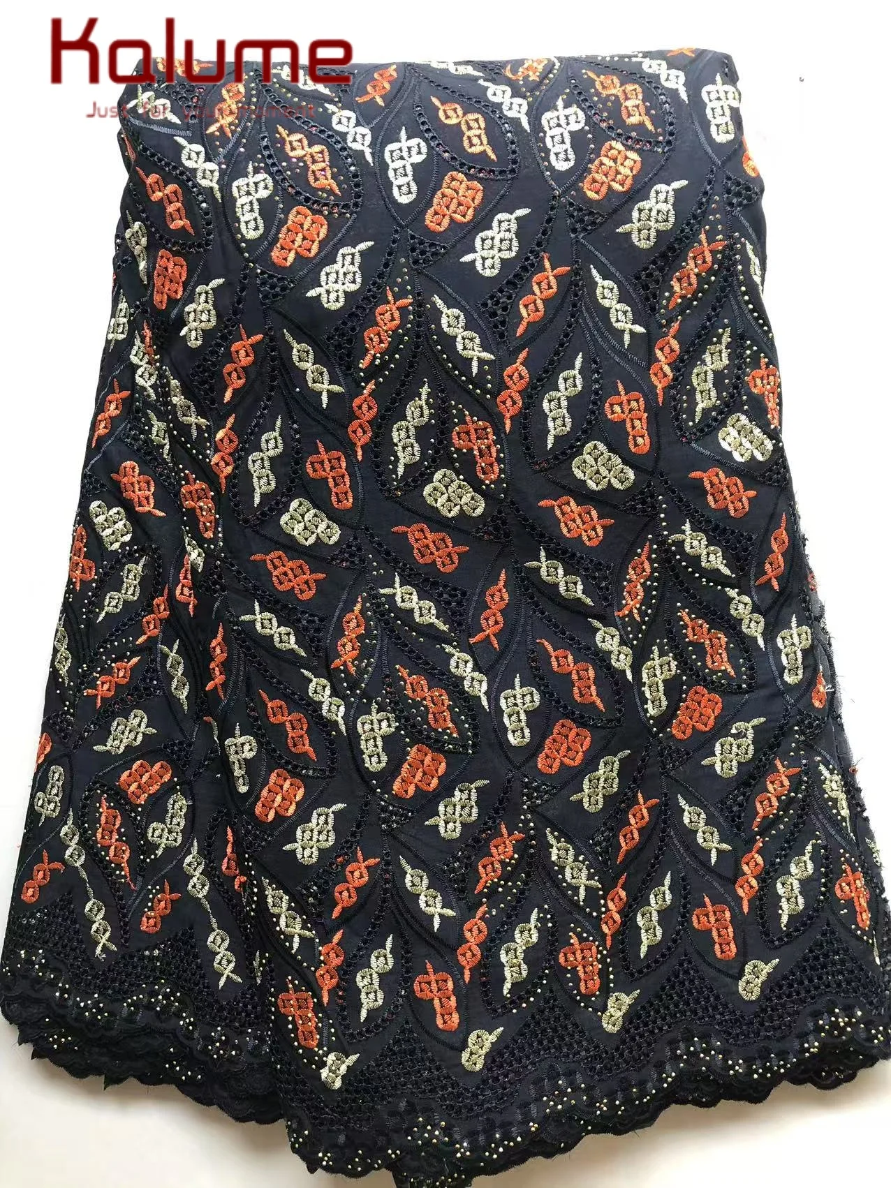 

Kalume 2025 африканская хлопковая кружевная ткань с вышитыми цветочными камнями, нигерийская швейцарская вуаль, кружевная ткань для шитья свадебного платья F5005