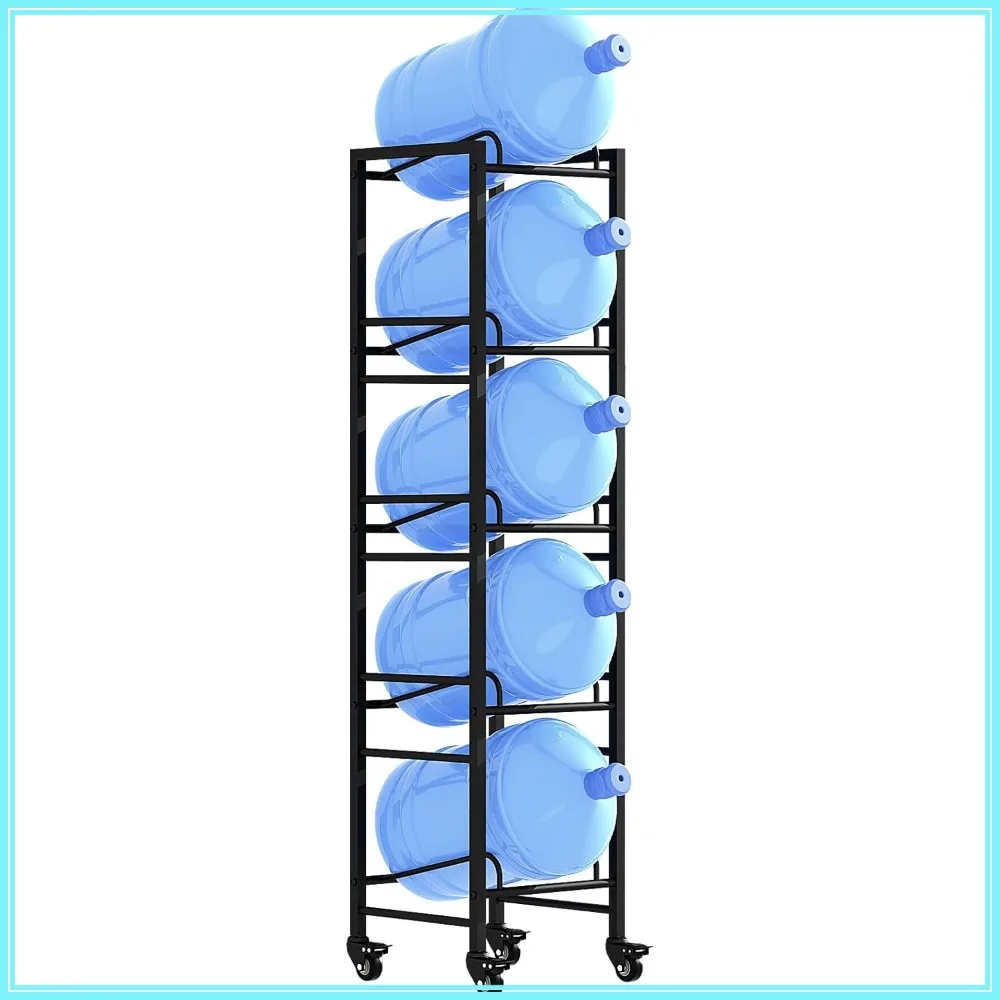 

Movable 5 Tier Heavy Duty Water Rack with Wheels, Space Saving Stand for Five 5 Gallon Jugs, Black