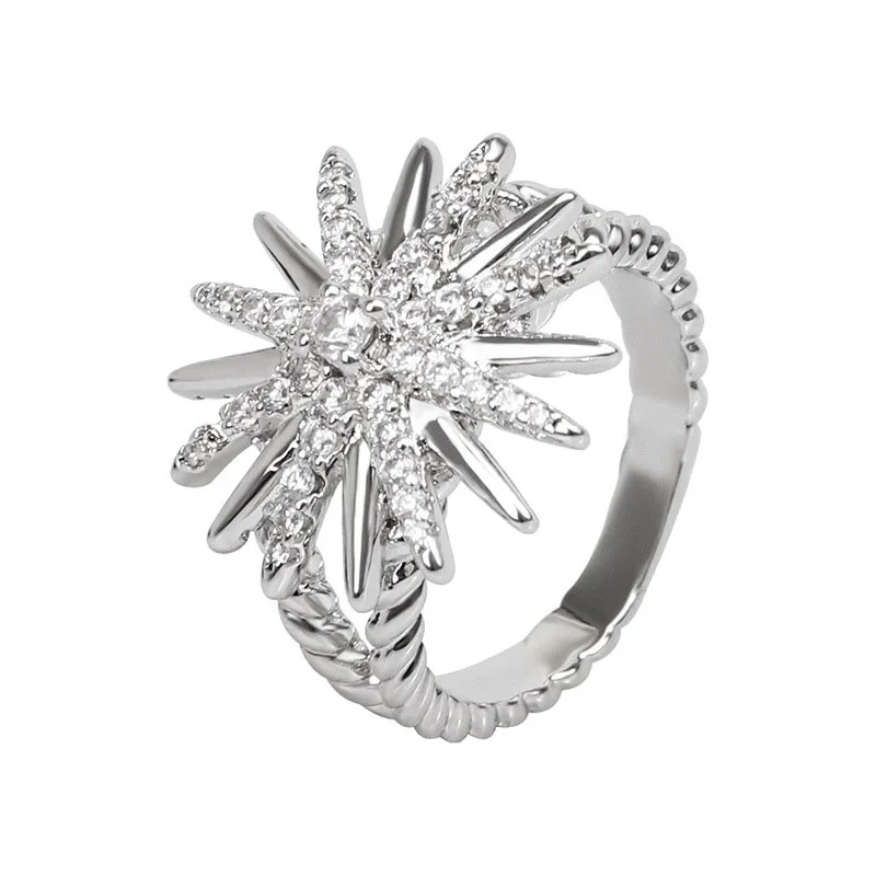 Classic Sunflower Zirconia Ring, Stylish S925 Sterling Silver Platinum Personalized Ring, Suitable for Women's Jewelry Gifts