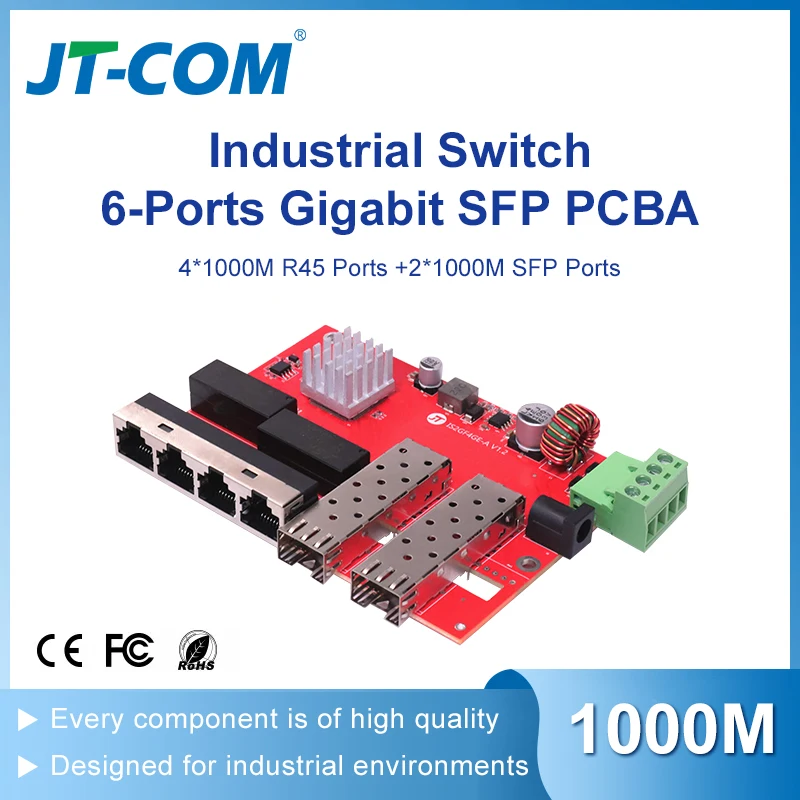 

JT-COM Gigabit 4-port rugged switch PCBA industrial 2 SFP and 4 RJ45-40 ° C~85 ° C Ethernet switch PCBA supports OEM/ODM