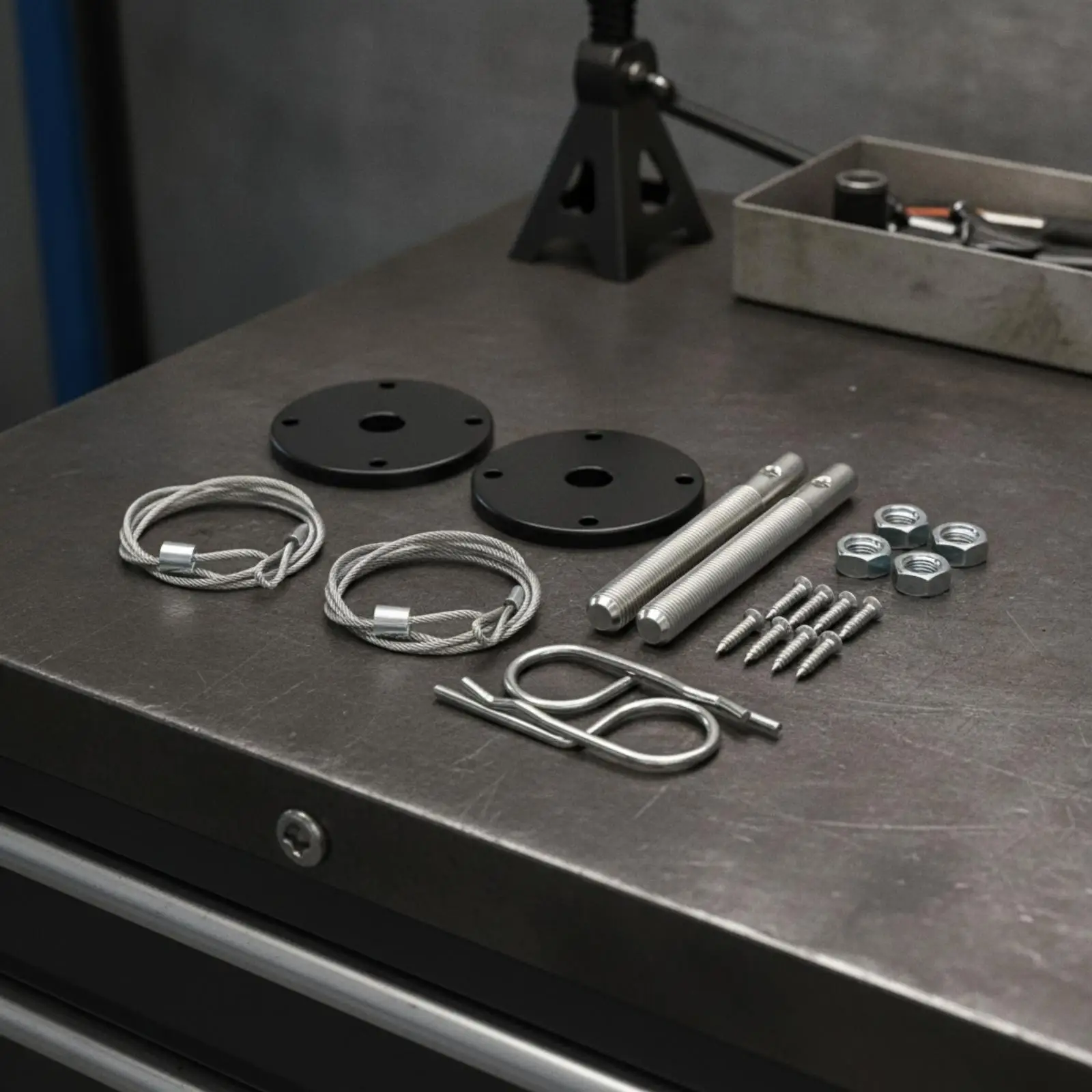 Car Hood Lock Kit with Steel Mounting Plates and Threaded Posts for Secure Engine Bay Access Release Control