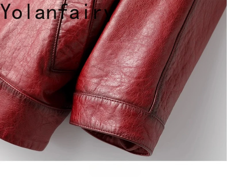 YOLANFAIRY chaqueta de piel de oveja auténtica para mujer 2025, capa roja Vintage, abrigo de cuero auténtico, chaquetas cortas de cuero a la moda para mujer