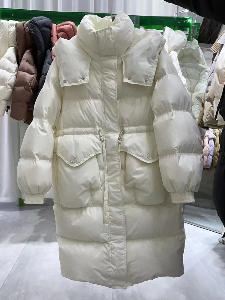 Winter Down Jacket Women 90 White Duck Hooded Long Down Coats Drawstring Slim Thin  Thick Warm Loose Casual Coat Woman Coat