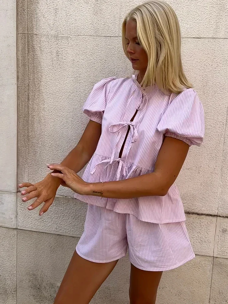 Chic Pink Stripe Ruffle Shirts Shorts 2 Piece Sets Elegant Puff Short Sleeve Lace Up Shirt Suit 2024 Summer Women Street Outfits