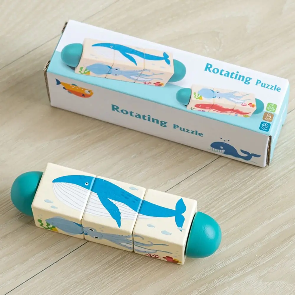 Giocattolo educativo di puzzle di rotazione animale in legno Giocattolo educativo Blocchi di puzzle rotanti di cartone animato Giocattolo di abbinamento