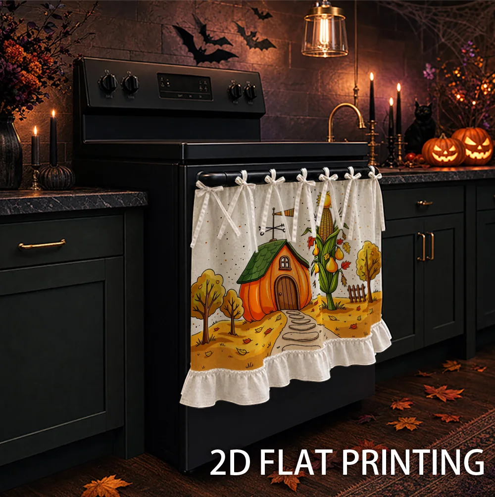 1PC kitchen stove curtain, cabinet curtain and apron. Designed with 2D graphics and printed with fall themes such as pumpkin hou