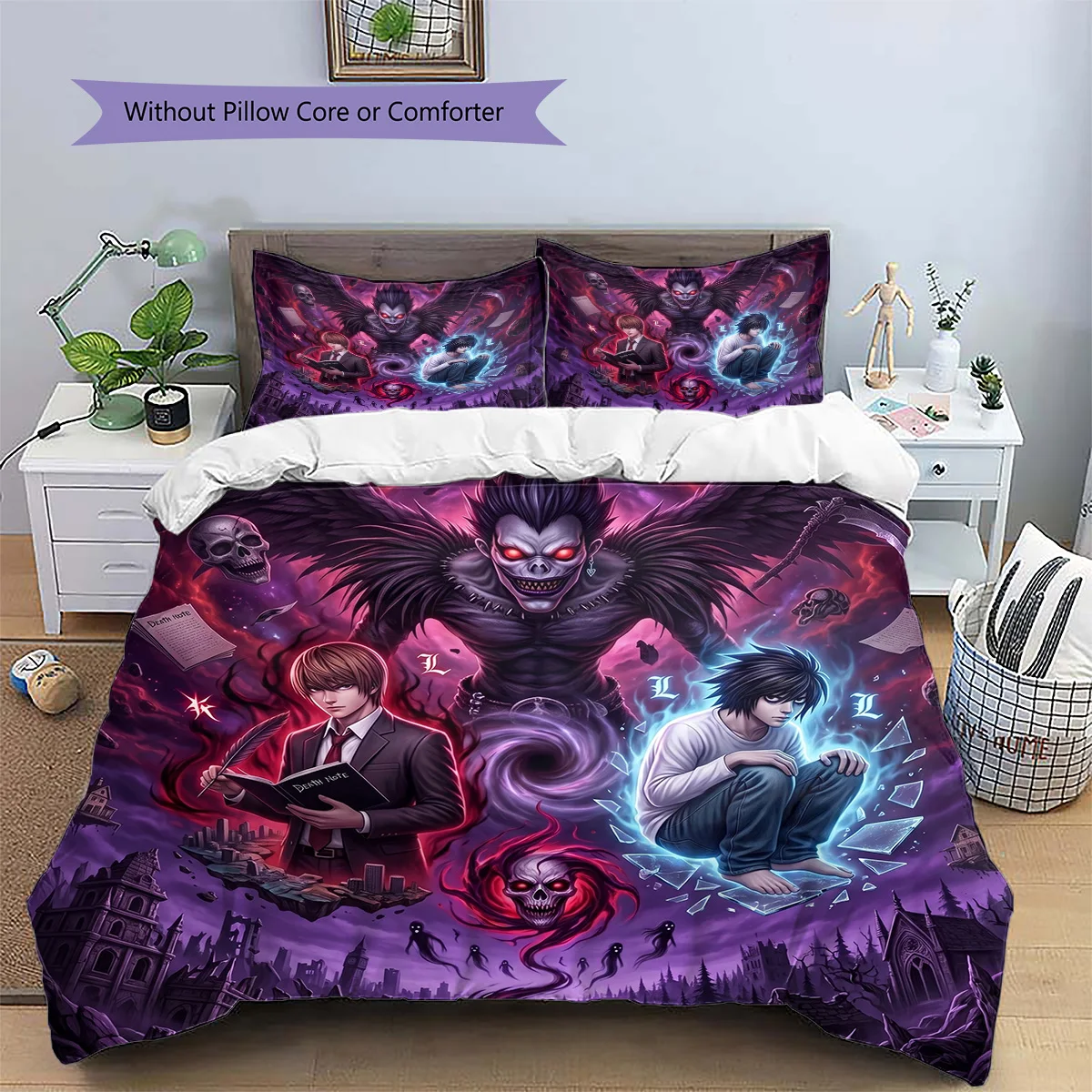 Death Note Patterned Pillowcase & Duvet Cover Set Anime Themed Interior Bedding Bedroom Decor for Anime Lovers.-TING