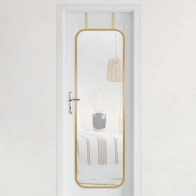 

Over The Door Mirror With Rounded Corners, Full Length Hanging Mirror for Bedroom and Bathroom Doors, 17 by 55 Inch, Brass