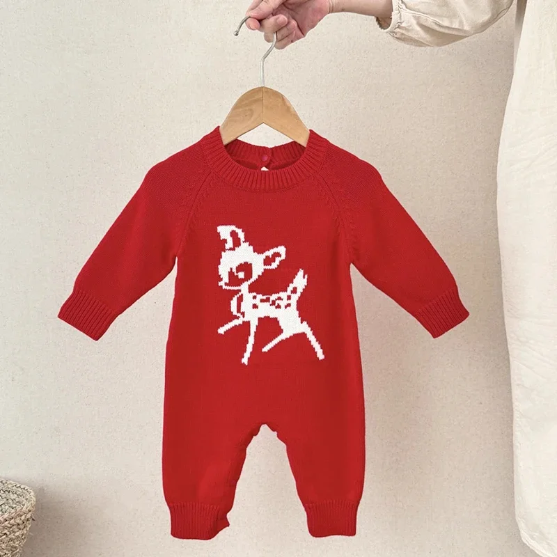 

Christmas Deer Newborn Boys Girls Knitted Jumpsuits New Baby Rompers Autumn Red Playsuits Winter Toddler Infant Outfits Clothes