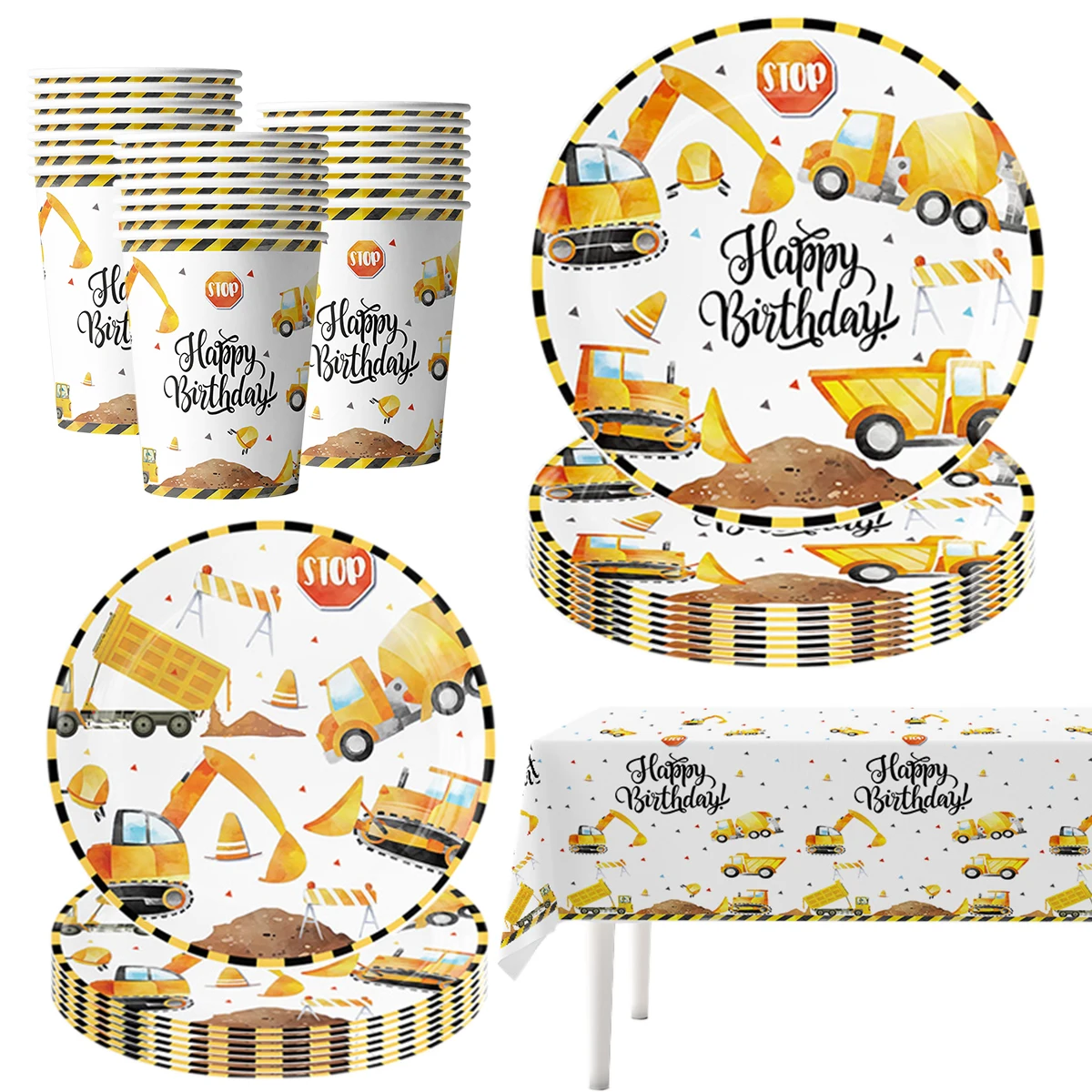 Construction Bulldozer Series Disposable Tableware set Paper Cups Plates excavator Truck Balloon Boy's Birthday Party Decoration