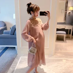 9310# Autumn Korean Fashion Pleated Chiffon Maternity Long Dress Loose Straight Clothes for Pregnant Women Pregnancy Clothing