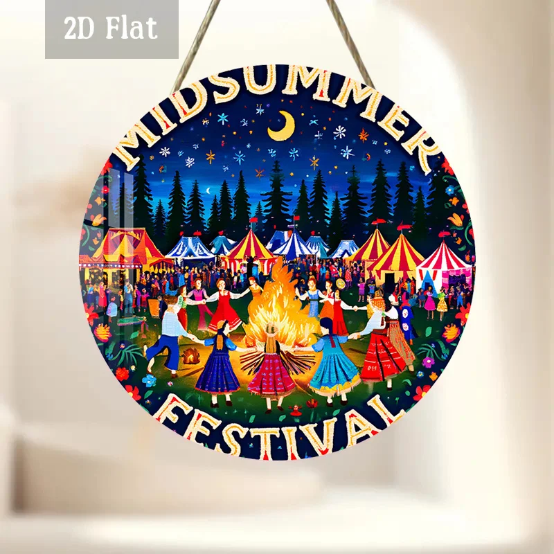 2D Flat, 1pc Midsummer Round Wooden Wall Panel Painting - Retro Folk Festival Dancing Wall Art Decor, Frameless Suitable for Hom