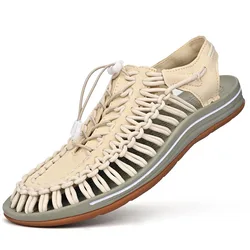 Sandálias de tecido respirável para homens e mulheres, Casual Beach Roman Shoes, Design de tecelagem, Flat, Outdoor, Casais, Verão, 2024