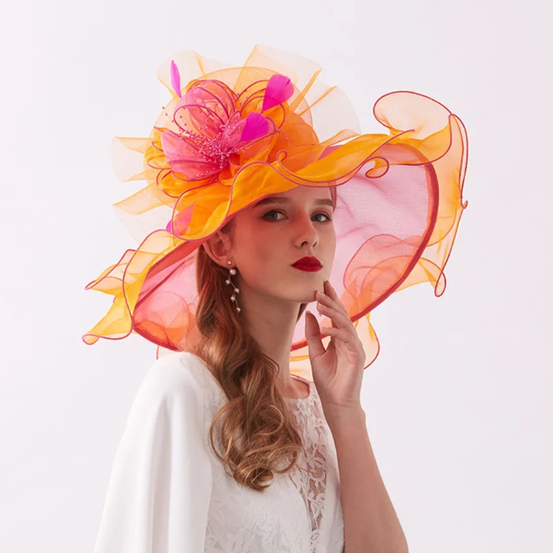 New Women\'s Kentucky Derby Hat Organza Large Wide Brim Sun Hats With Flowers Elegant Ladies Church Wedding Formal Fascinator Hat