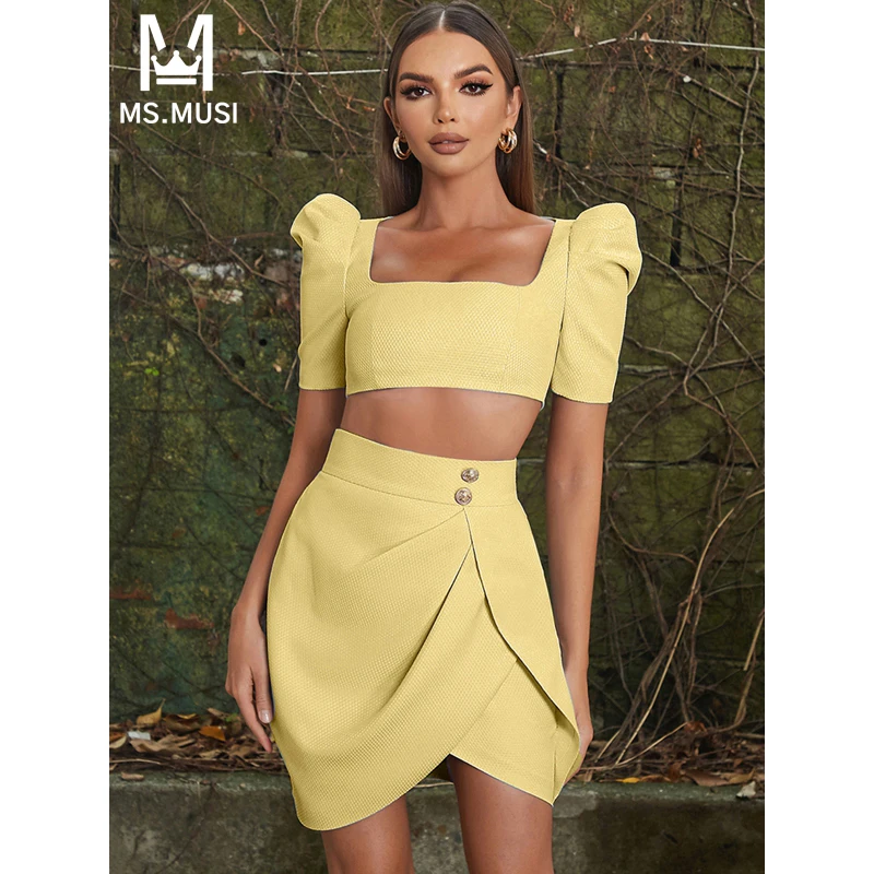 

MSMUSI 2024 New Fashion Women Sexy Two Piece Set Bodycon Party Short Sleeve Top Button Fold Short Mini Skirt Set Suit Vestidos