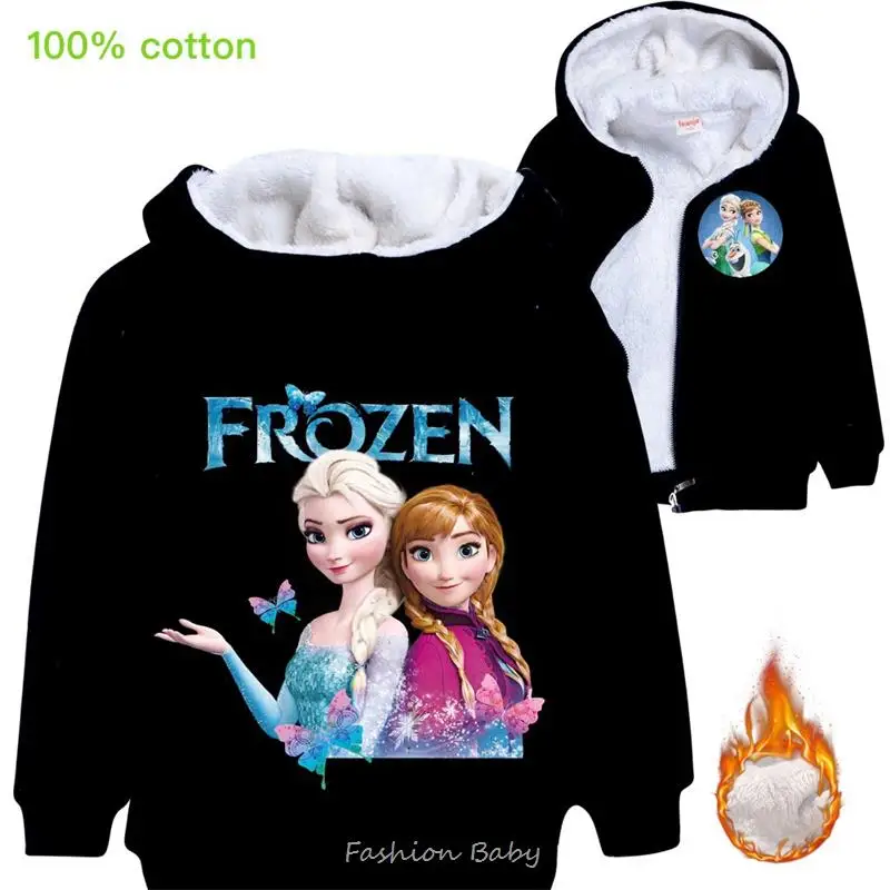 Girl\'s Fall Keep Warm Hooded Frozen Elsa Children\'s Clothing Cardigan Zipper Thick Jacket Girls Coat Anime Hooded Sweater