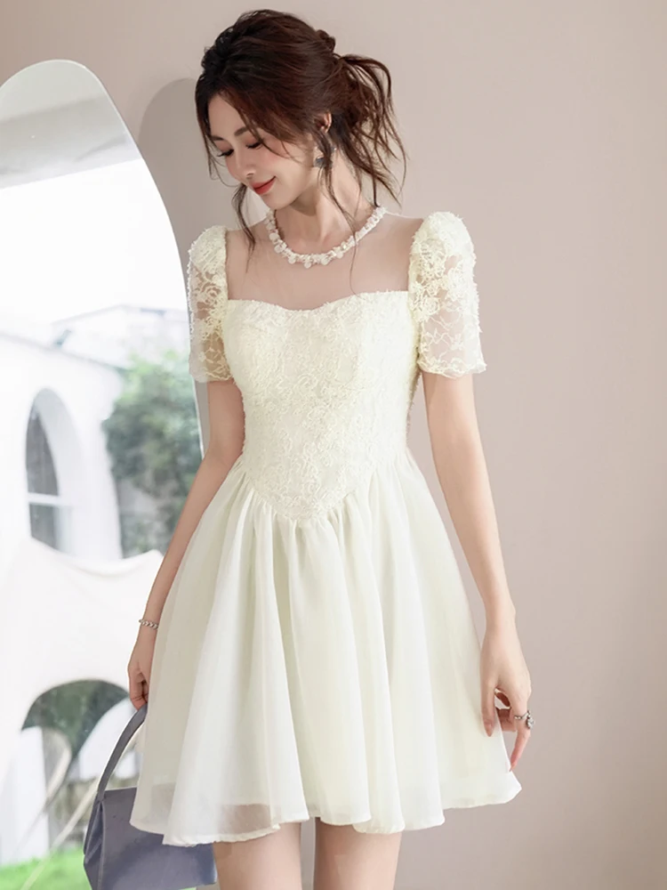 Femmes vêtements soirée dentelle maille florale pure Sexy col rond mince a-ligne robe courte élégante dame fête bal anniversaire robes nouveau