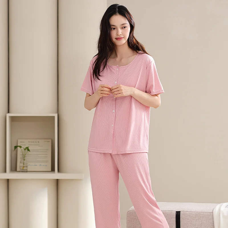 Summer Pajamas Set Women With Chest Pads Short Sleeve Tops + Long Pants Casual Tracksuit Female Sleepwear Cardigan Pijamas Mujer 4