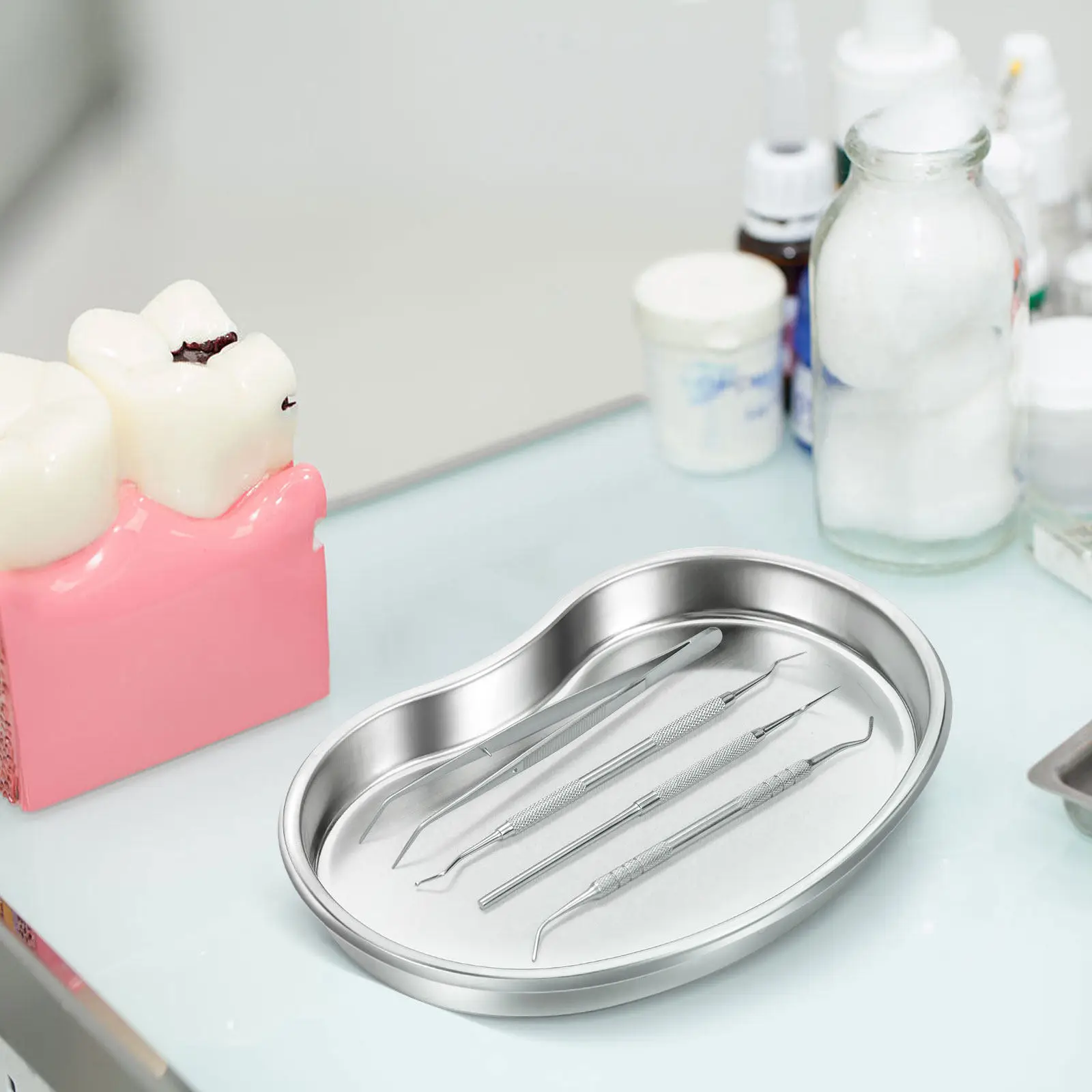 3Pcs Stainless Steel Kidney Dish Curved Durable Surgical Tray Dental Tool Metal Kidney Bowl Labs Instrument Surgical Tray
