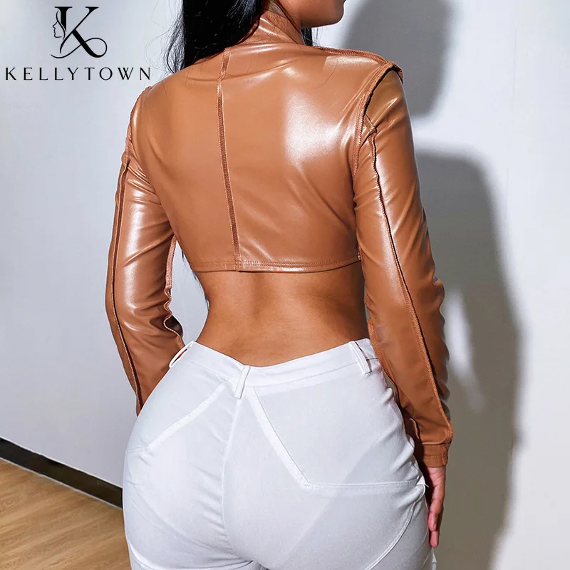 Sexy Women's Faux Leather Cropped Jacket Autumn Winter Outfits Slim Coat Tops Chic Zipper Stand Neck Long Sleeve Top Outerwears