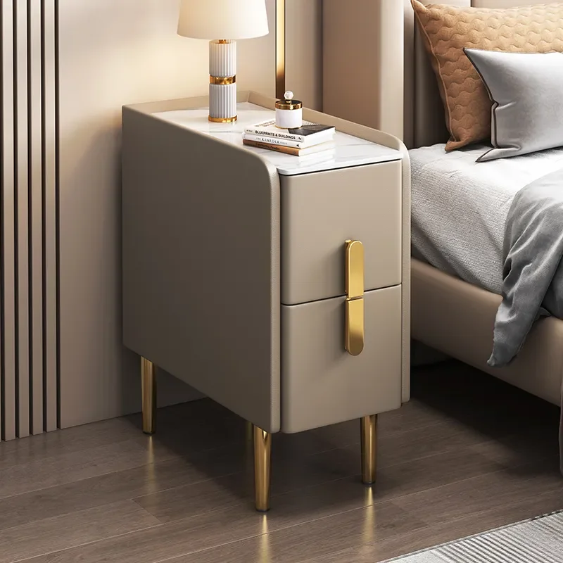 Narrow Solid Wood Nightstand with Leather Drawer Modern Sintered Stone Top Small Bedside Storage Cabinet for Bedroom