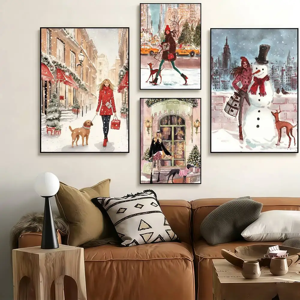 Christmas Woman Dog Snowflakes Poster Stickers Art Print Retro Artistic Wall Decor HD Living Room Bedroom Home Decor Unique Gift