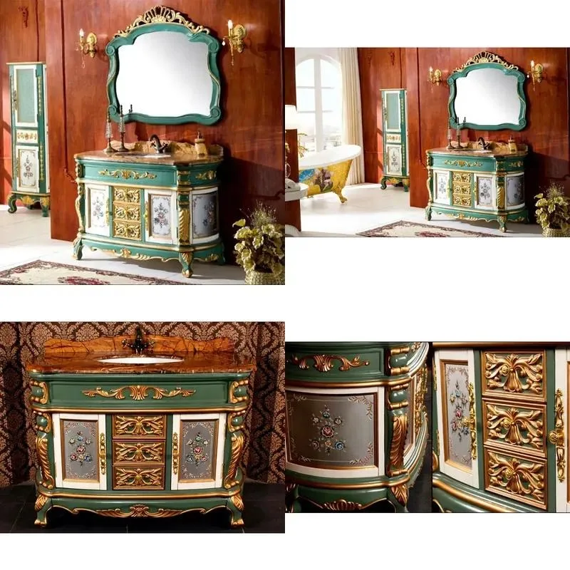 Custom European Retro Solid Wood Vanity Bathroom Cabinet with Antique Mirror Copper Ceramic Wash Basin Luxury Villa Style