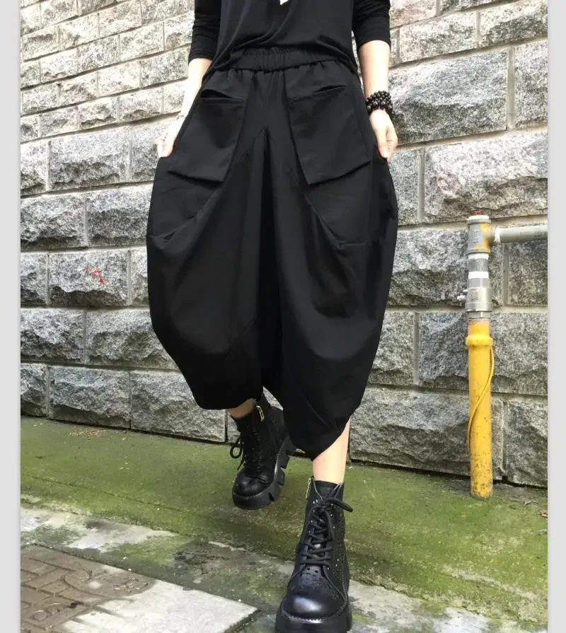 

Spring Nine-point Pants Women's Vintage Loose All-match Casual Wide-leg Pants Bloomers Elastic High Waist Haren Pants Streetwear