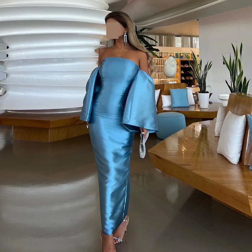 Simple Satin Formal Occasion Dresses 2023 Puff Sleeves Sexy Party Dress Blue High Quality Mermaid Evening Gowns فساتين حفلات