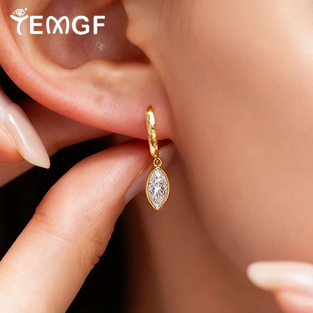 

TEMGF Moissanite Drop Earrings GRA Certified 925 Silver Ear Studs Plated 14K Gold for Women Wedding Party Fine Jewelry 1CT/Pair