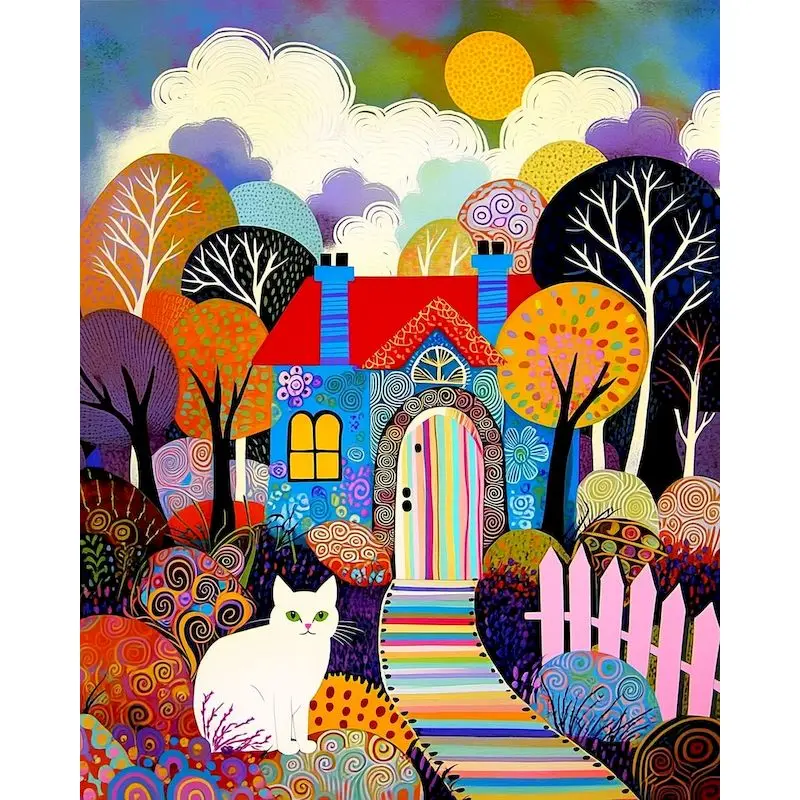SDOYUNO Diy Paint By Numbers For Adults Colorful Folk Art House Painting By Numbers Wall Art Picture Flower Garden Cat Diy Ideas