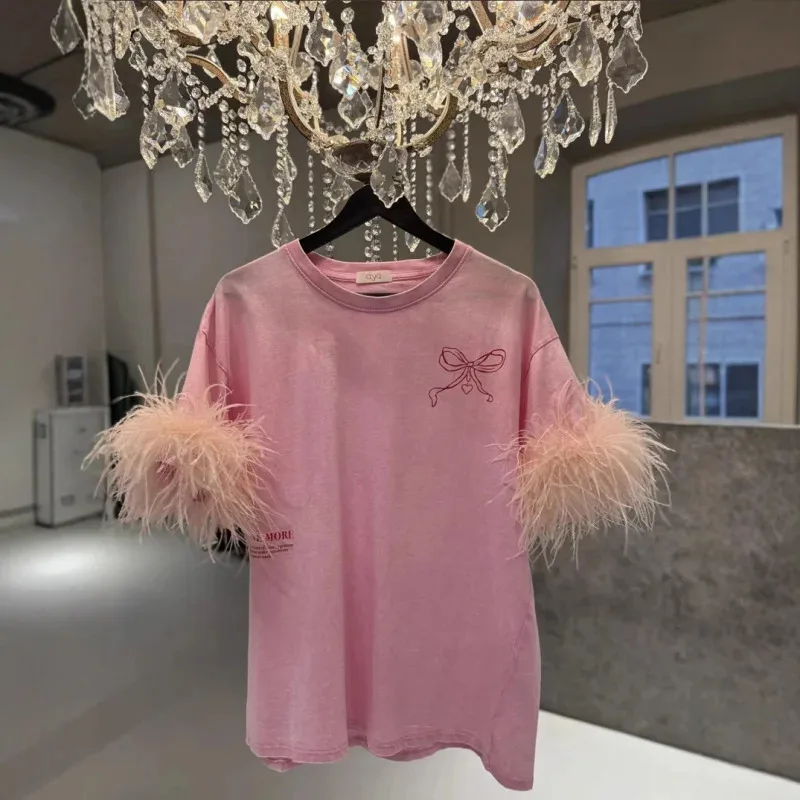 

2025 Heavy Industry Stitching Loose-shirt Women's Summer Temperament Printed Pink Love All-Match Short Sleeve New