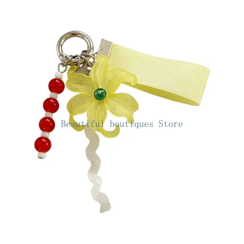 U4LF Decorative Flower Key Ring Charm with Translucent Floral Accent, Beaded Ribbon Detail for Bag and Zipper Styling