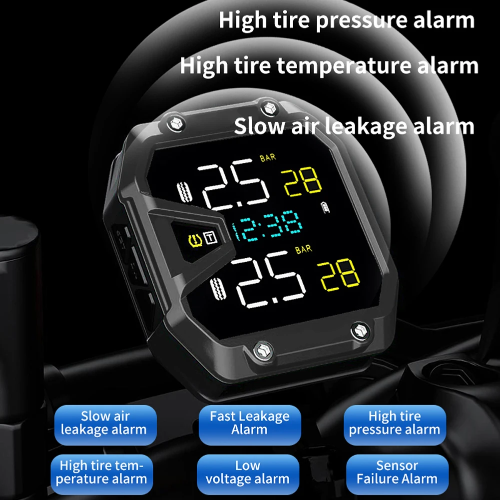 Sistema di allarme per il monitoraggio della pressione dei pneumatici per moto Display LCD Sistema di monitoraggio della pressione dei pneumatici wireless per moto a due ruote