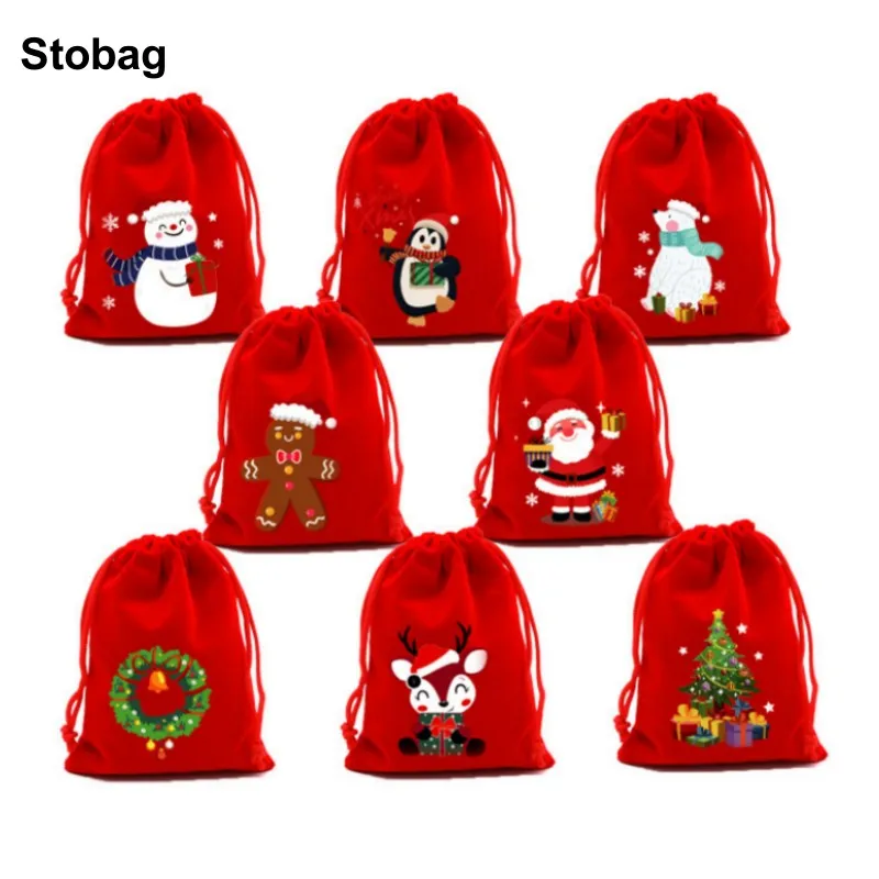 

StoBag 50pcs Wholesale Merry Christmas Velvet Drawstring Bags Small Candy Gift Storage Packaging Kids Pocket Pouches Party Favor