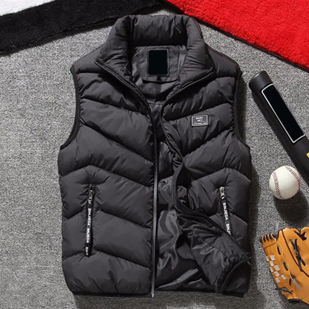 Autumn Winter Men Vest Cotton Padded Solid Color Zipper Pockets Waistcoat Windproof Thickened Sleeveless Jacket Streetwear