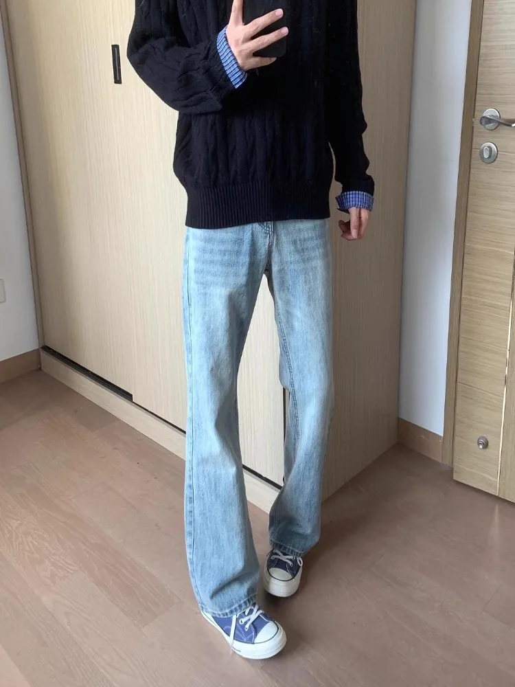 

Light Blue Men's Straight Leg Jeans High Street American Sle Cleanfit Slim Version Knife Pants Micro Flared Bootcut