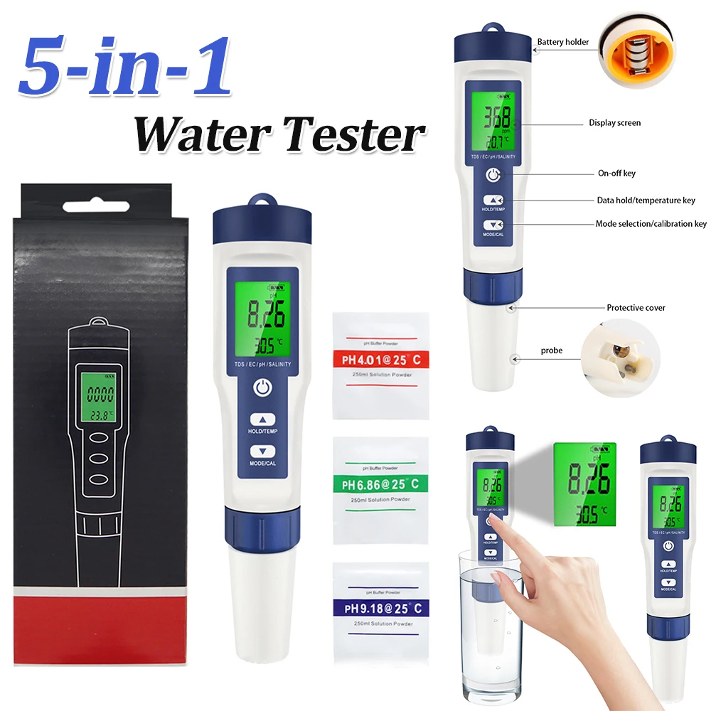 

5-in-1 Water Tester Water Quality Tester High Accuracy Digital PH Tester Backlight PH/EC/TDS/Salt/Temp Meter for Drinking Water