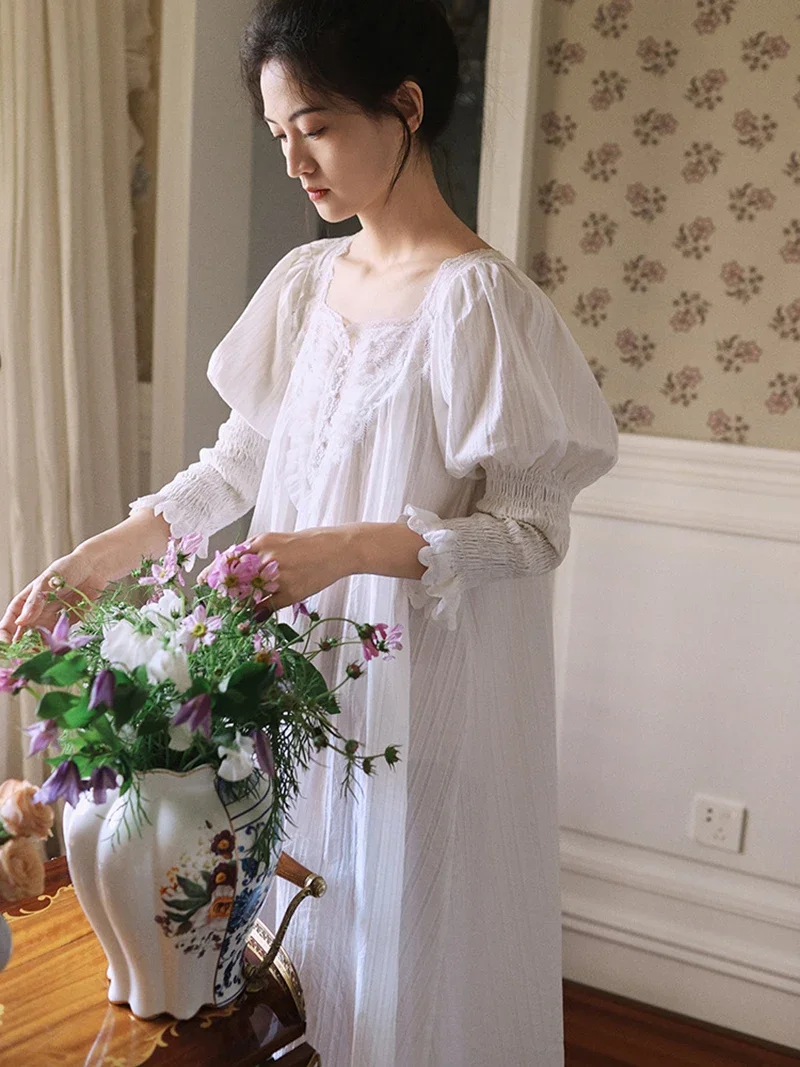 Women Pure Cotton French Fairy Pajama Nightdress Vintage Long Sleeve Mesh Spring Autumn Victorian Princess Nightgowns Sleepwear