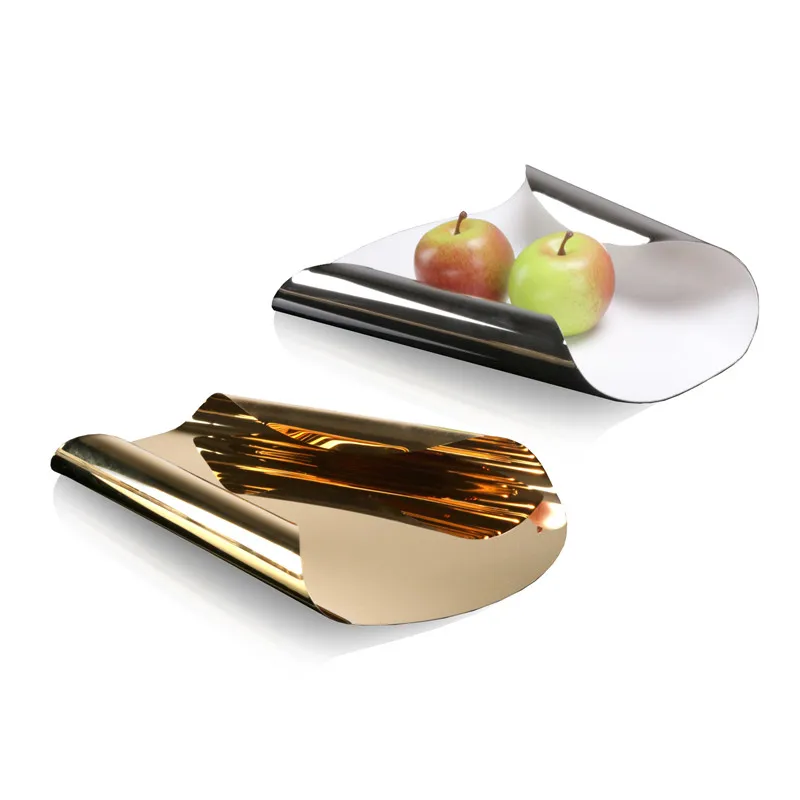 

Современный металлический поднос под дерево, поднос из нержавеющей стали с геометрическим треугольным закатанным краем, поднос с фруктами, украшения для гостиной