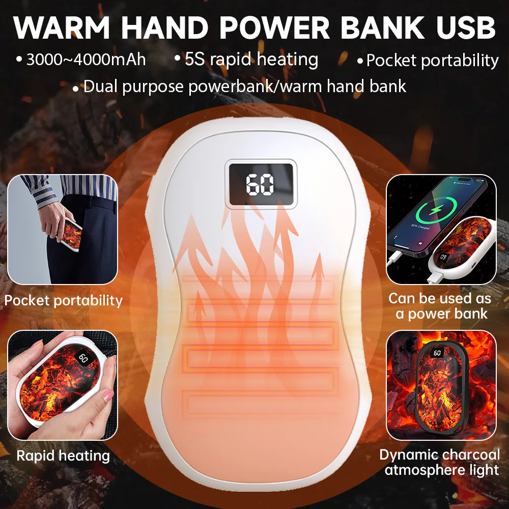 Electric Hand Warmer Rechargeable 3000/4000mAh Portable Winter Heating Handwarmer 3-Gear Adjustable Overheat Protect Power Bank