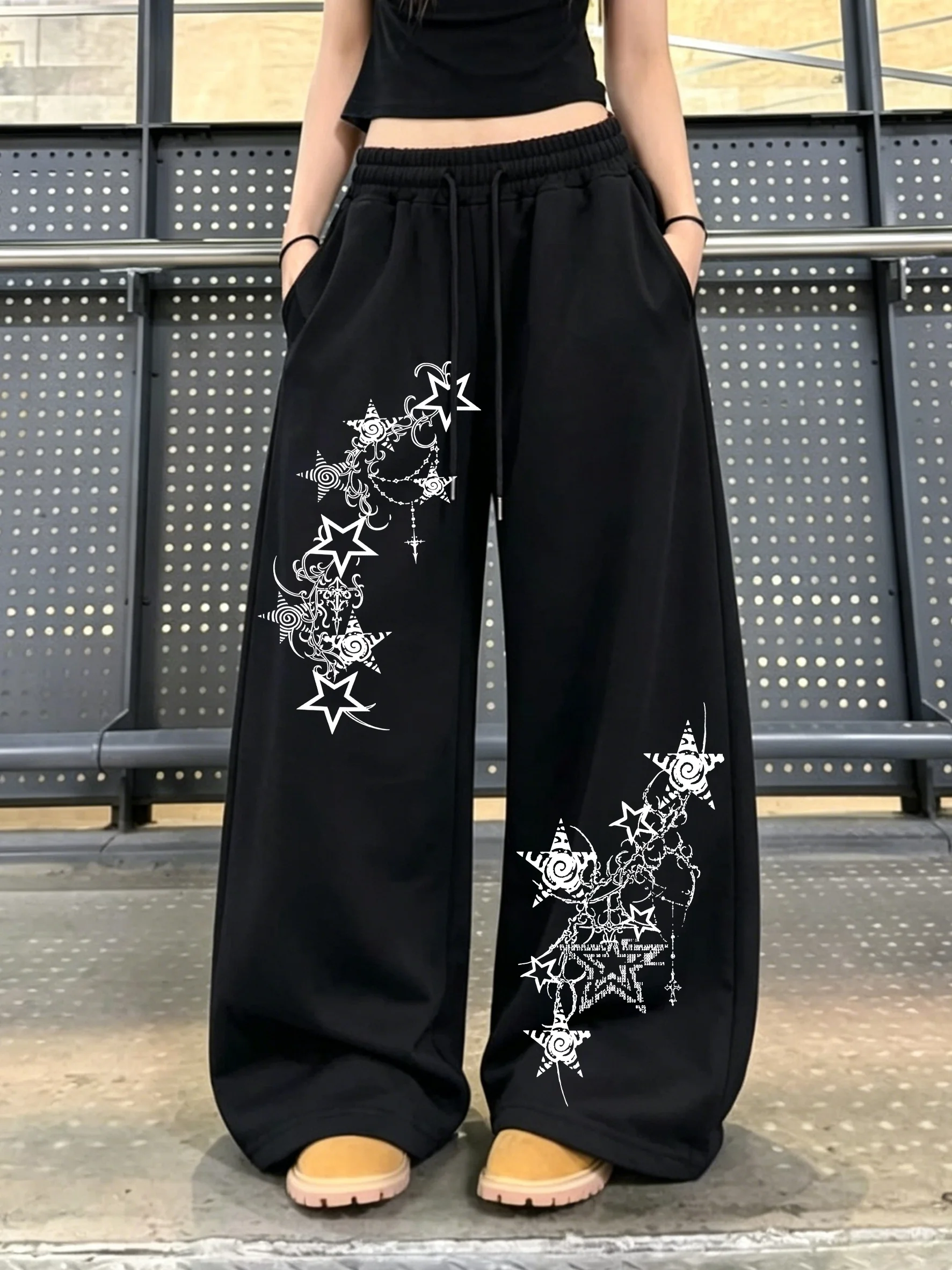 Men Women Straight‑Leg Long Pants,3D Vintage Gothic Star Graphic Print Quick Dry Trousers Elastic Drawstring Unisex Street Pants