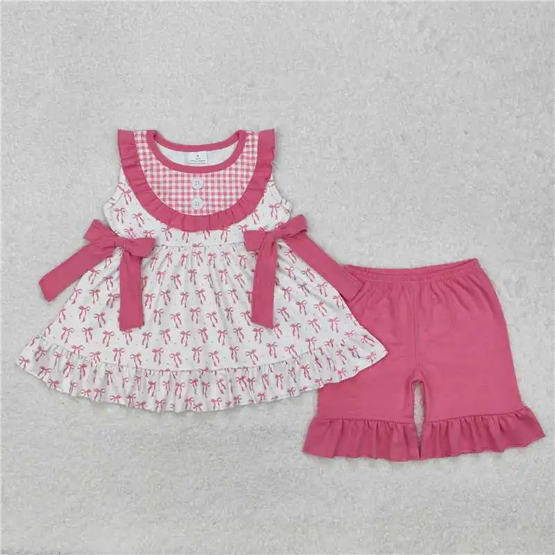 

New hot sale rts infant girls summer suits wholesale boutique rose red bow pattern sleeveless girls fashion clothing toddler kid