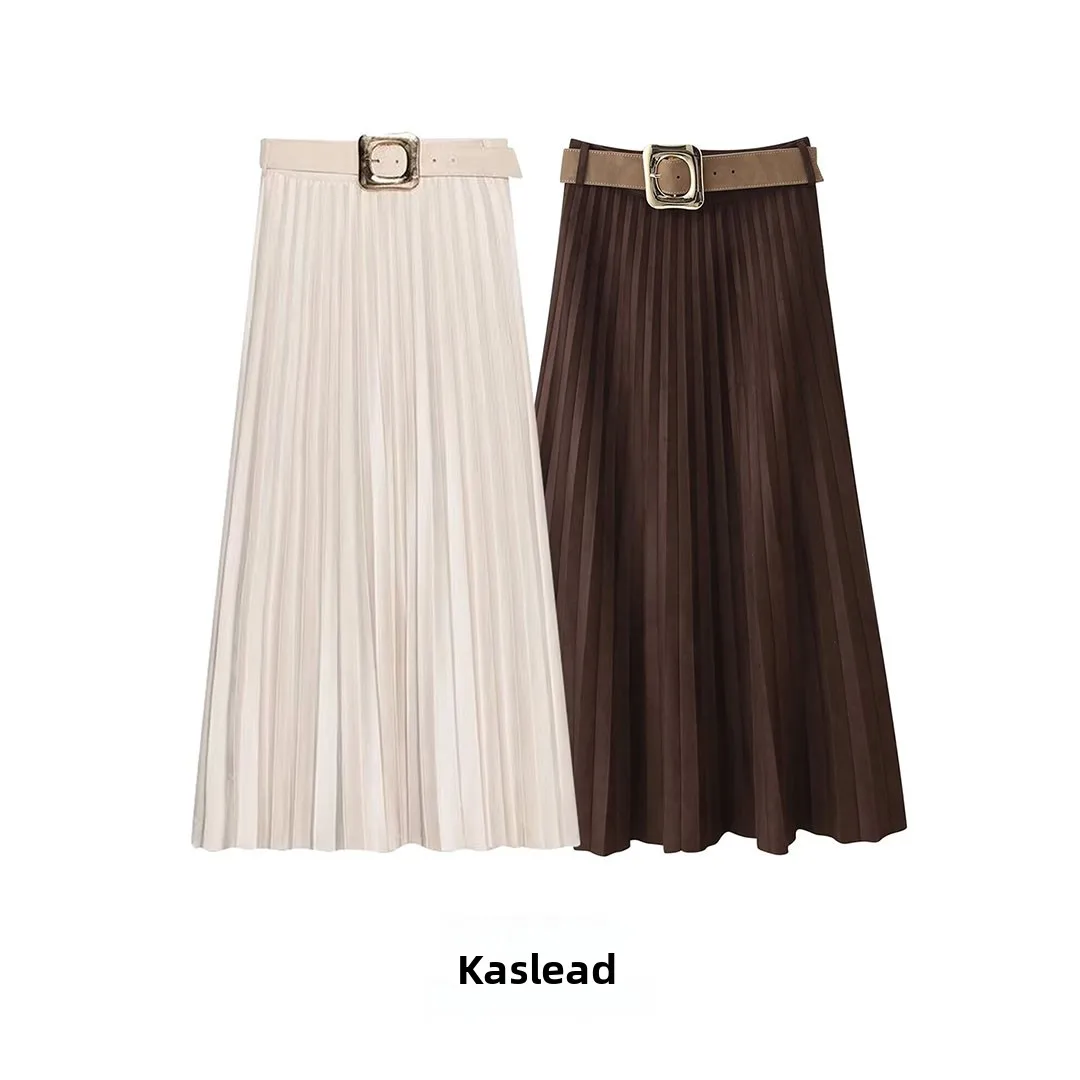 KASLEAD Women's Velvet Effect Pleated Midi Skirt with Belt High Waist Polyester Fiber Casual Sle A-Line Skirt 30252 7